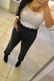 Got these for work. The material is super soft and so far not super sensitive to snags, which is a plus. I absolutely LOVE the dark teal color. I normally wear medium but in this I sized down and I'm glad I did. It's a good length for petite and a good fit around the waist. - Grace M.