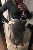 This is a solid NYE skirt. I got so many compliments, but I will say: it could be so much better! The sequins and materials are mostly fantastic. It's sewn so that the sequins don't flip and are smooth, so you don't snag on everything, which is great!! My one problem with this skirt is that it's got absolutely ZERO give at the top hem, making it quite uncomfortable at times, and if you order the slightly wrong size, it will not be forgiving in the slightest. I paired this with a mock neck black body suit, and classic black heels, and will definitely keep it around for any future sparkly occasions, but I'll have to hope I don't gain an ounce!! - Jillian U.