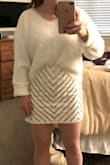 Love this sweater! Definitely fits true to size. Ideally, I would've gotten an XS but there were none left and I really wanted it. Sleeves are kinda long, but I cuffed them and they're fine. It's a slightly oversized crop on me. Works well though! - Madeline G.