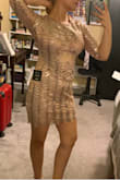 Usually dresses like this with sequins fit me like a glove and shows off my figure but not this one. It was so bad that it made my body look lumpy and like I had a belly. The sleeves were too tight. It was only slightly stretchy so if I got an XS to fit snug it would not have fit either. The design itself is beautiful but the way the dress falls on the body is horrible. Notice the lumpiness in the pics. - RebecaDalila S.