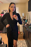 I ordered this dress for my husbands holiday work party and it came in yesterday AND LET ME TELL YOU it hugs you in all the right places. I normally get a medium in lulus but I read previous reviews and decided to go with a small. It honestly looks STUNNING on! The fabric that hangs is not too long or anything and I know that's one thing I was concerned about since I'm only 5'1". ALSO, There are shoulder pads in the dress but it gives the dress shape at the top how ever I probably will take the pads off. For reference I weigh around 137 lbs right now and am a 34D chest and this dress also makes me look slim. If you are on the taller side keep in mind it may be a tad shorter on you tall gals than someone like me who is 5'1". - Meliza M.