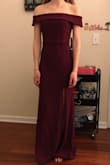 I was worried about off the shoulder sleeves being uncomfortable and hard to keep in place, but these both stay in place and don't cause discomfort! The material of the dress is stretchy but thick enough to have some substance. Length is almost perfect for me in flats. The color is a bit more pink-purple in person, which I actually like even better than the picture. I would highly recommend this dress! - Sabrina B.