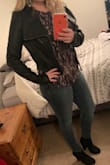 After reading the reviews I ordered a size up and got the Large. The jacket fit, but was a bit bigger fit than I prefer. I returned the jacket and reordered the Medium which is my normal size. It is a more tailored fit but I prefer the Medium still. Super cute, goes with everything! Love the look. - Brooke R.