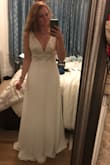 This dress is beautiful and a flattering cut. Only complaints are (1) it's way too long (completely on the floor even in 4" heels) and (2) it's a bit see-through (you could wear nude underwear and it would be fine but any other color would be noticeable). The bottom has 4 different layers so hemming this would be a bit expensive so I returned it but otherwise I really loved the dress. - Kacey W.