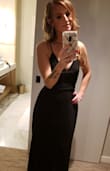 This dress was perfect for the event I went to! I was worried it was a little too 
basic but once I was done up it was perfect. Fits a tiny bit big and I could have gone down to an XS but the Small still worked. Super long (which I'm sure the tall girls appreciate) so even with 3 inch heels, I had to hem it quite a bit. I bought a sticky bra but I honestly could have gone without it too which is nice! I do wish the slit was on the side rather than down the middle but great quality dress and I got a ton of compliments that night =B - Lisa G.