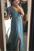 I am usually a size S-M but reading reviews seemed that size S would be the best fit to go. I could probably have gotten away with a XS if I really wanted to but S was still a great fit. The dress is perfect other than it being really long. I already knew I'd have to get it tailored because I'm really short but other than that, great dress! Material is lovely and is stitched really well. The cleavage area looks so good if you're wanting to show it off but am wearing this to a wedding so probably will safety pin it. I did catch on this from other reviews so wasn't a big fuss. All the reviews helped a lot with my decision. So hopefully this review helps someone else. All in all. 10/10 - Nalia M.
