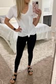 I love this shirt. It's loose enough to tie the front in a knot or you can leave it undone and it'll cover up your front and back. The pants and shoes are from Lulus as well. - Joanna F.