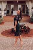 I'm normally a size 4 and I got a small, it fits my hips and arms perfectly, but was a little loose on my waist (which is my forever problem with everything) and it was beautiful! I wore it to a wedding and got a lot of compliments on it! - Courtney D.