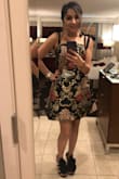 The dress is so flattering! I love the rich fabric, it's so thick and it doesn't have any stretch. I bought small and medium and the small worked perfectly. I love the volume the skirt has. The only thing is that the patterns were not symmetric. - Maryam M.
