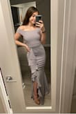 This dress is absolutely stunning. So elegant and sexy (still a little wrinkled from being in the packaging). Fits beautifully in all the right places, super comfortable fabric, and the color is perfect. A little long (I'm wearing 5" heels in the photos) so it wouldn't drag but will probably get it hemmed a little bit. Absolutely LOVE this dress - zero complaints. - Laura W.