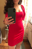I wore this to a concert this weekend and felt like a goddess. Definitely accentuates the curves and made me feel super sexy! Material is thicker and is lined so it is a little warmer. It is a bit tight with a little stretch, but fits like a glove!! It is also a little short in the skirt and I did have to adjust as I walked some. Totally worth it , if you are thinking about it!!! - Stephanie M.