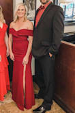 Dress fit like a glove and with heels, I needed no hemming. 
Lots of stretch so it was comfortable to spend the entire night in it. I got a lot of compliments. - Carol H.