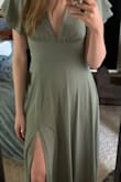 Love this dress!! Fits perfectly. Gorgeous sage color! Keep in mind, I am 5'9" and there's still some extra length (Perfect for me) so some may need it hemmed. The slit is perfect, you won't flash anyone. So happy with this dress! - Lexi B.