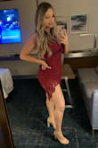 LOVE this dress! It was so perfect for Valentine's Day weekend as the color is a romantic red (not too dark, not too bright). I'm usually a medium in dresses but since I am larger in my bust area, I opted for a large because I wasn't sure how true to size it would be up-top. While it was a little loose in my bust area, the adjustable straps helped with this. I will most likely opt for a medium next time, but overall, this is a gorgeous sexy/classy dress! - Patricia S.