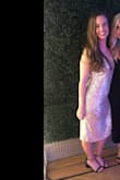 I was so pleasantly surprised with this dress. I love the thin straps and the sparkle! It did NOT rub/irritate under my arms. The fit is so flattering and lays nicely on your body without being too tight. The slit and open back make it sexy and fun. I wore this on my bachelorette party and LOVED it! - Melissa N.