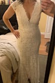 When I first saw this dress I thought it was very elegant and beautiful, I love the lace overlay and the romantic feel of the dress. I ordered a medium and it fit great! I will have to have about an 1" taken off the bottom even with 3" heels on but for $90 this dress is worth it! - Jill B.