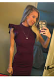 The color of this dress is so beautiful! The material is a stretchy and very tight!! Good length and comfortable for the most part other than it being tight in the hips and stomach area. Got lots of compliments on this. I'd say it runs true to size. I went with the XS and it fit fine, probably could've done the S and had more room in it - Carolyn D.