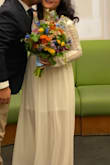 This dress is soooo comfortable! A little loose for my in the chest area, but otherwise a great fit and true to size. I shortened the underskirt to make it a mini and kept the chiffon layer long. Felt so great at my courthouse ceremony and will be rewearing this towards the end of the night at the reception this weekend. Love, love, loooove!
Note: the liner is relatively see through, so I recommend a half slip. - Ting T.