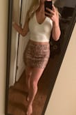 This skirt is a great material. It is soft and fits comfortable. It is a tad shorter then I would have hoped. - Michelle K.
