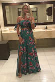 This dress is gorgeous with the Kelly green and pops of pink! I wore it on our trip to Mexico on our 'dressy night' and got lots of compliments! I tried both the XS and S but went with the small to give myself more room in the waist le so I didn't look like I was 'spilling over'. The top fit on both sizes so that didn't make much of a difference. The slits make this dress sexy!! - Barbara A.
