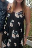 I love this dress and wore it to a wedding. I read and agree with all the comments stating the pockets stick out if you have nothing in them. I tried safety pins which kept the pockets in but it didnt flow. The straps are adjustable and the neckline is flattering, great length for me. - Hannah M.