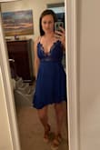 The blue color is so stunning. I was a little worried about how much cleavage this shows and the skirt being slightly sheer because I don't typically show a lot of skin. But it really does fit great - so flattering and sexy. I think with nude underwear, it will be fine, and the top is covered enough to go braless. So I decided to keep it for nights out when I want to feel confident. The straps are a little thin, so I hope they hold up okay. But I really do love the color and fit. And I love the sheer lace detailing all around the waist. - Amanda O.