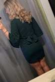 Wore this dress to a winter wedding and it was Absolutely perfect! I would originally pick a size medium but after reading reviews I went with a small and I'm glad I did! The material Is thick and stretchy, I just had a baby so it was perfect around my stomach. I wish I had taped up my breasts because I worried all night about losing them! But I can't blame the dress on my lack of preparation. The color is beautiful! - Casey L.