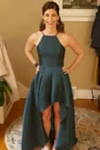 Where to begin with this dress?! It is absolutely stunning. Perfect emerald green color (picture doesn't do it justice). Very unique with the high low cut. Also- perfect for a short girl because of the high low cut. You won't have to wear sky high heels to avoid the front of the dress dragging the ground. I highly recommend. - Chantal F.