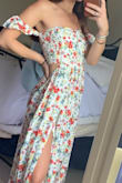 This dress is a super cute spring and summer staple! The slits make the dress have a different vibe to it and I love it. The top fits nice and tight but semi stretchy so it stays up! It was a perfect length for me and I 100% recommend!! - Haley Q.