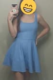 I love blue so i loved this dress. i got a medium because the sizing chart told me too but i am definetly not a medium but this dress is great becuase its stretchy so i could feel it was loose but the material tries to hug your curve areas so its not noticeable that its a bit large on me. Super cute and comfortable cant wait to wear this to my cousins wedding! - Hannah R.