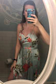 I love this dress, it reminds me of an Arizona green tea can. I debated for so long whether or not to get small or medium, but went for small and am so glad I did. There's plenty of room to spare since it's babydoll style and flowy. I have a tiny chest that may impact that. It touches the ground on me in heels! 10/10 - Ashley C.