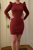 This dress fits but is snug on me. I would prefer to go up a size to be more comfortable/cozy in it because it's a little tight and short. Love the color! - Kim C.