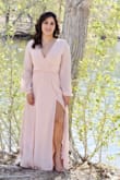 Got this dress for couples photoshoot. The blush color looked so fresh and spring-like, also complimented my skin/hair (I'm a brunette). The dress was just the look I wanted; flowy & romantic. Dress is a little long even with 4.5 inch heels but I am 5'4 lol. I didn't have time to hem it. Delivery was super fast since I needed it in 2 days. The bust was a little loose on me (I had to pin it) but I'm not big busted either. In all, very beautiful and photographed perfectly!!! I Recommend! Thank you Lulus - Guadalupe R.