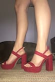 These are such statement shoes. The luscious red color draws all the right attention. The block heel and platform style makes them easy to walk in (which is a huge plus for me). Excuse my dog in the photos please. - Camille M.