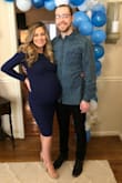I wore this for my baby shower 8 months pregnant. Stretchy material and was a great dress choice. Love that it was longer. At this time I was weighing 145-155 lbs with DD bra. It fit great and I can wear it when I am not pregnant! - Kandace K.
