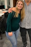 Love the color! Got so many compliments on this.  Great to wear out but you'll have to roll up the sleeves if you're on a dinner date, or else they'll fall into your food.  It's stretchy and hugs my body. Cute to wear with jeans or a pencil skirt. - Karina N.