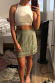 I love the look and feel of this skirt, but unfortunately, it was a little large. I probably could have ordered a small. When I went to exchange, they were out of smalls so I ended up getting the medium altered a little bit. Even with alterations, it was a little large, and the material gets a little loose after you're wearing for a while. See pics for before and after alterations. Go with a small if you're in between sizes! - SHANNA N.
