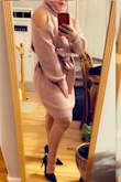 Very thick and heavy sweater material not what I expected but, Great for the winter for sure. Love the cold shoulder On the dress. Gives a Little sexiness to the dress. A little big for a medium..I have most dresses as medium From Lulus and I'm a curvy girl and yet still loose. I would definitely go down a size for sure. Cozy and not itchy like some sweater dresses. Over all cute. - Tamila R.