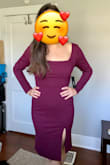 Wearing this to a catholic wedding this October! Love to color and the length is perfect. It's stretchy and really comfy. I would say fits true to size. I'm pretty small on top, so the deep square neck isn't too boob-ilicious for me. If anything, it shows off my shoulders and collar bones, which I love. The slit is a little high (but maybe it's just cause I have wide hips), so might have it tailored. Overall, it's a classic dress for a more modest cocktail wedding! - Brittni B.