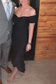 This dress was absolutely perfect in every way! The material was stretchy, so I was able to dance in this all night at the wedding I wore it to. I was nervous the top would be annoying since my chest is 32D, but they have a band in the arms that holds it up well (tried to show this in one photo). The length was great for my short height too, I usually have issues with longer dresses hitting the ground. In direct sunlight this is a true navy blue, pictures online match the color. I received so many compliments in this dress and felt so beautiful! - C. J.