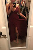 I love this dress! It is a gorgeous, deep plum color and is a flattering fit. It is a good length in front (comes to top of feet) and a bit longer in back. I plan to wear with a wedge sandal or heel and I won't have to have it hemmed. My only concern is that it doesn't have enough support for my chest without wearing a bra. The straps can't be pulled tight enough to give me enough support. But I love the dress so much that I am going to look into buying some petal covers. - Kayla C.