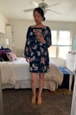 I love the colors and pattern of this dress, and plan to wear with and without leggings. My measurements are almost never consistent with size charts  (Example: Lulus size charts suggest my waist 10-12, hips  size  6-8) but I'm almost always size S, sometimes M and  rely heavily on reviews/photos to decide which size to buy. Because this dress isn't fitted, I went with the small and am happy with my decision! Hope this review helps others who have the difficulties I do in determining what size to buy! - Alexia K.