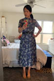 I had a hard time deciding between the green and dusty blue. I purchased the green first, then decided I also had to have the blue. I LOVE this dress! The length is work appropriate, the material is soft and flow-y, the waist is elastic which adds to its comfort, and I love the colors/print. I am tempted to buy it in all the colors but I'll stop at 2. If you are debating between colors, my opinion is the green is more flattering because it is darker. My measurements are never consistent with any company's/brand's sizing charts and so I'm appreciative of reviews that include measurements/photos because I use them as to figure out what size to buy. Other reviews said the waist is elastic and so I decided to go with size small, and am happy with my choice. Hope this helps others who share my challenge! - Alexia K.