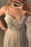 Ordered this dress to see if I would wear it on my courthouse wedding, fell in love with it when I saw it online but when I tried it on I didn't like it so much, it looks lighter in the pictures than it actually is, dress was too large in the chest area, would have needed a lot of tailoring, it was also dragging a lot, very pretty overall tho, ended up returning. - Luanna P.