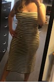 Ok I LOVE this. Such a sexy dress. I'm usually between a M or L but went with my gut and got a L and it fits perfect. If I had a flatter stomach maybe the M would've "fit like a glove" more, but I like tight dresses a little less snug.  I was almost debating getting a XL but am so happy I didn't, it's kind of big on the bottom as you can see in the photo, it doesn't hug below my thighs like it does on the model, not a dealbreaker though! - Olivia L.