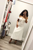 I love this dress! If you are a pear-shaped woman like myself this dress will do wonders for you. It fit perfectly except I don't have much breast so I'll have to double-sided tape it down if I want to do a lot of moving. It's easy to get on and off. I wear the sleeves off the shoulder for sexy look. It's great to go to work and then out for date night. I think I would even get the black just to have in my closet. This might shrink in the wash but if it does it would fit perfect for me. I got medium and probably could have got small but like I said once I wash it the fit will be perfect. - Patricia G.