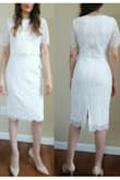 Great material, very white! Love it. It has a classy look, very conservative goes all the way to my knee. Not see-through has a double layer, very light. I ordered a small size, although is loose from the bust, arm, and waist, it is stretchy so going downsize will fit better. - Alejandra F.