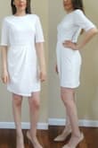 Great material, very white! It has a classy look, suit work dress, very conservative from the top but sexy as well. Not see-through the fabric is thick (not for summertime). I ordered a Medium size, although is loose from the bust, arm, and waist, it is a little stretchy, not much but going downsize will fit better. It is short though. I'm 5.6, hips 37". - Alejandra F.