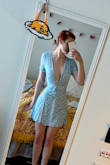 I love the color of this dress and the fit but be weary if you have boobs that are larger than a B cup. The V went almost to my belly button so maybe get a bralette or something to go underneath. Also the fabric isn't very forgiving so movement is limited. Regardless of those two, the length and fit are perfect. - Claire J.