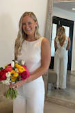 Love this jumpsuit!  I wore it for my private wedding ceremony and got so many compliments on it after posting photos.  Size small fit perfectly, just had to hem the length.  Length is super long. - Jenny M.